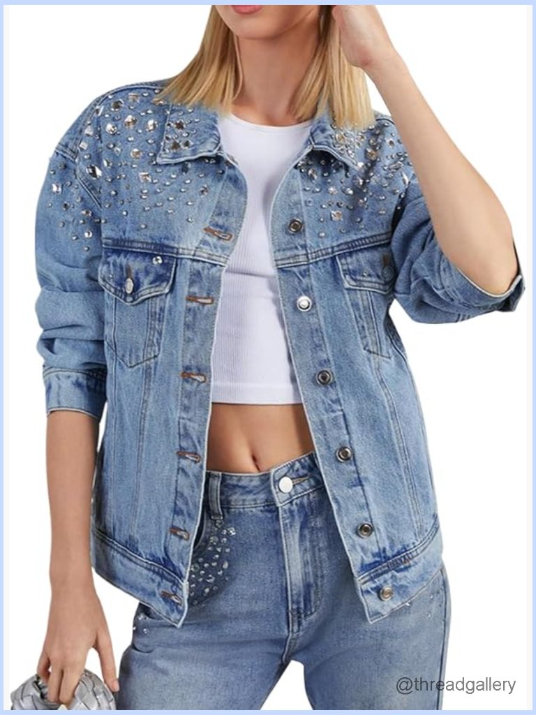 Embellished Rhinestone Denim Jacket Oversized Trucker Bling Jean Coat